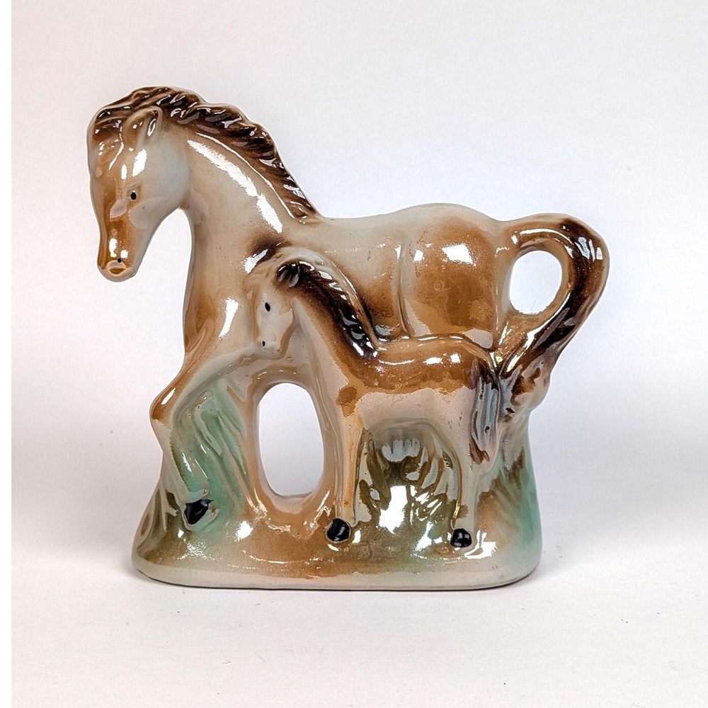 Vintage Ceramic Horse and Foal Figurine Made in Brazil Brown Glossy Glaze